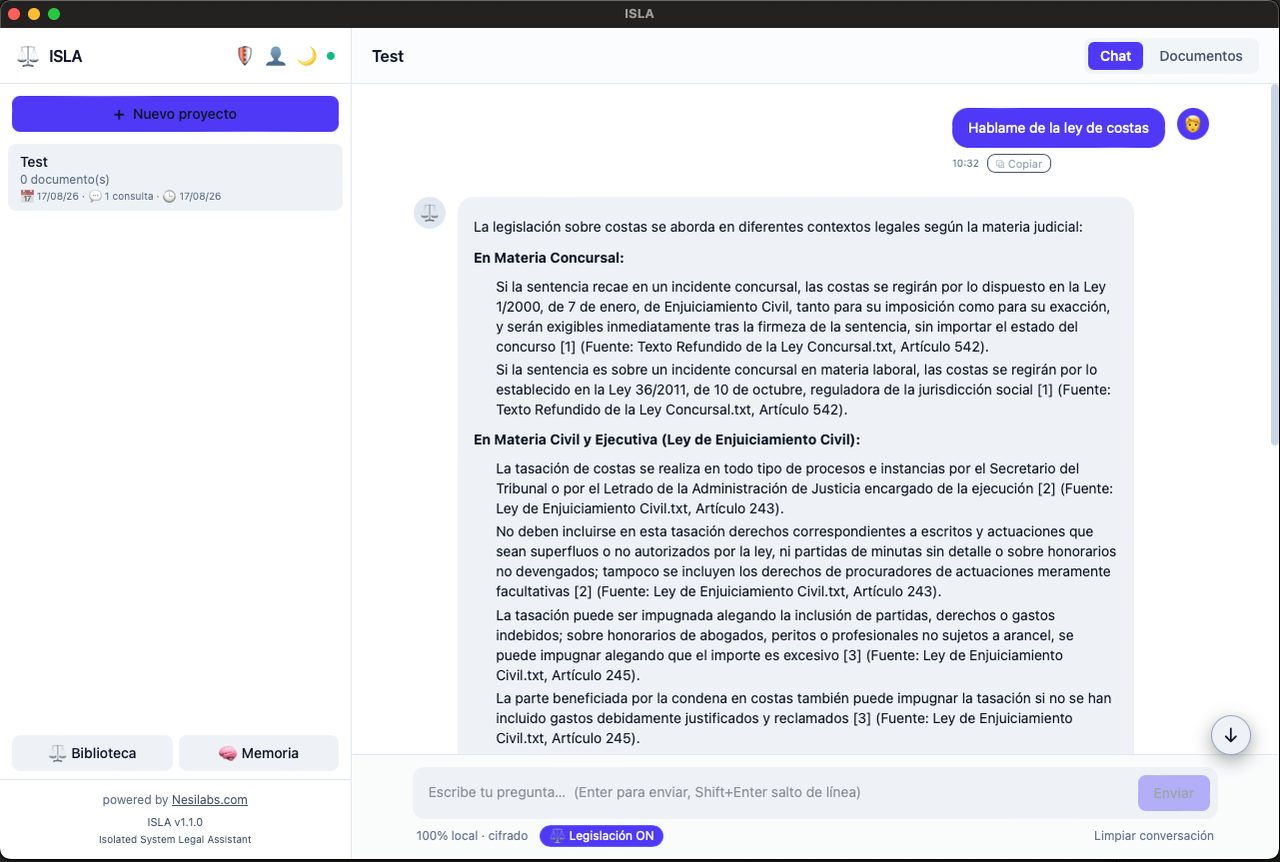 ISLA, vista de chat con citas a norma y artículo